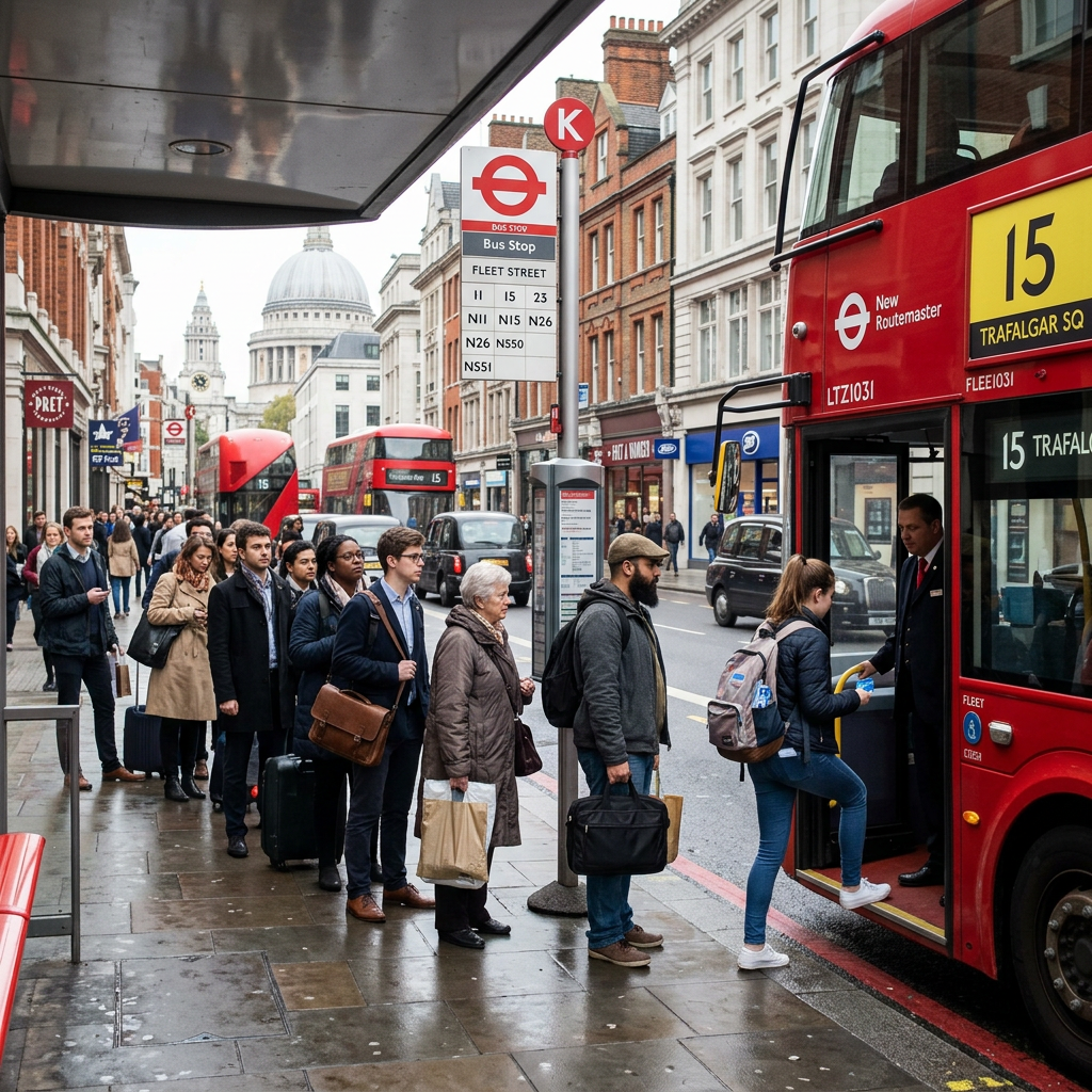 People waiting in line to board a red London double-decker bus at a bus stop on Fleet Street